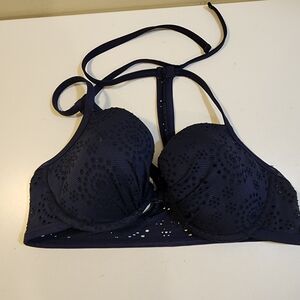 Aerie Navy Blue Beach Halter Bikini Top with Eyelet Details Size 36C